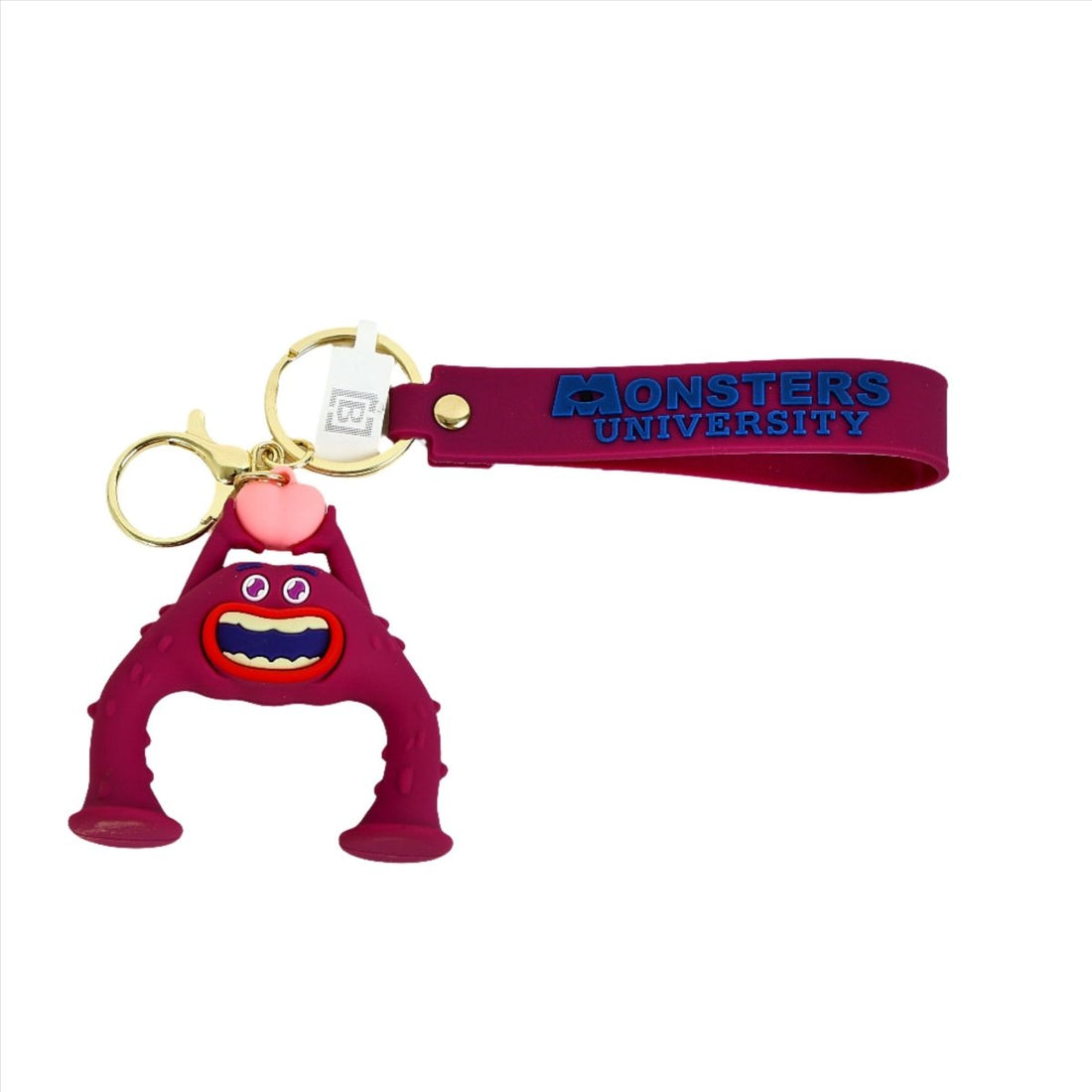 Purple monster PVC keychain with gold ring and Monsters University wrist strap