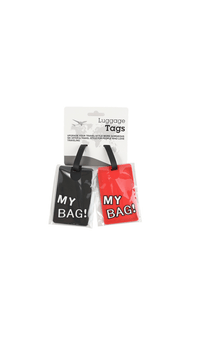 Set of two luggage ID tags: black and red “MY BAG!” designs with straps.