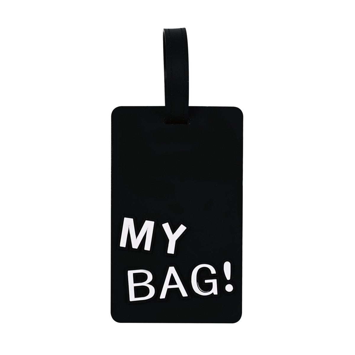 Black luggage ID tag with strap, 'MY BAG!' lettering.