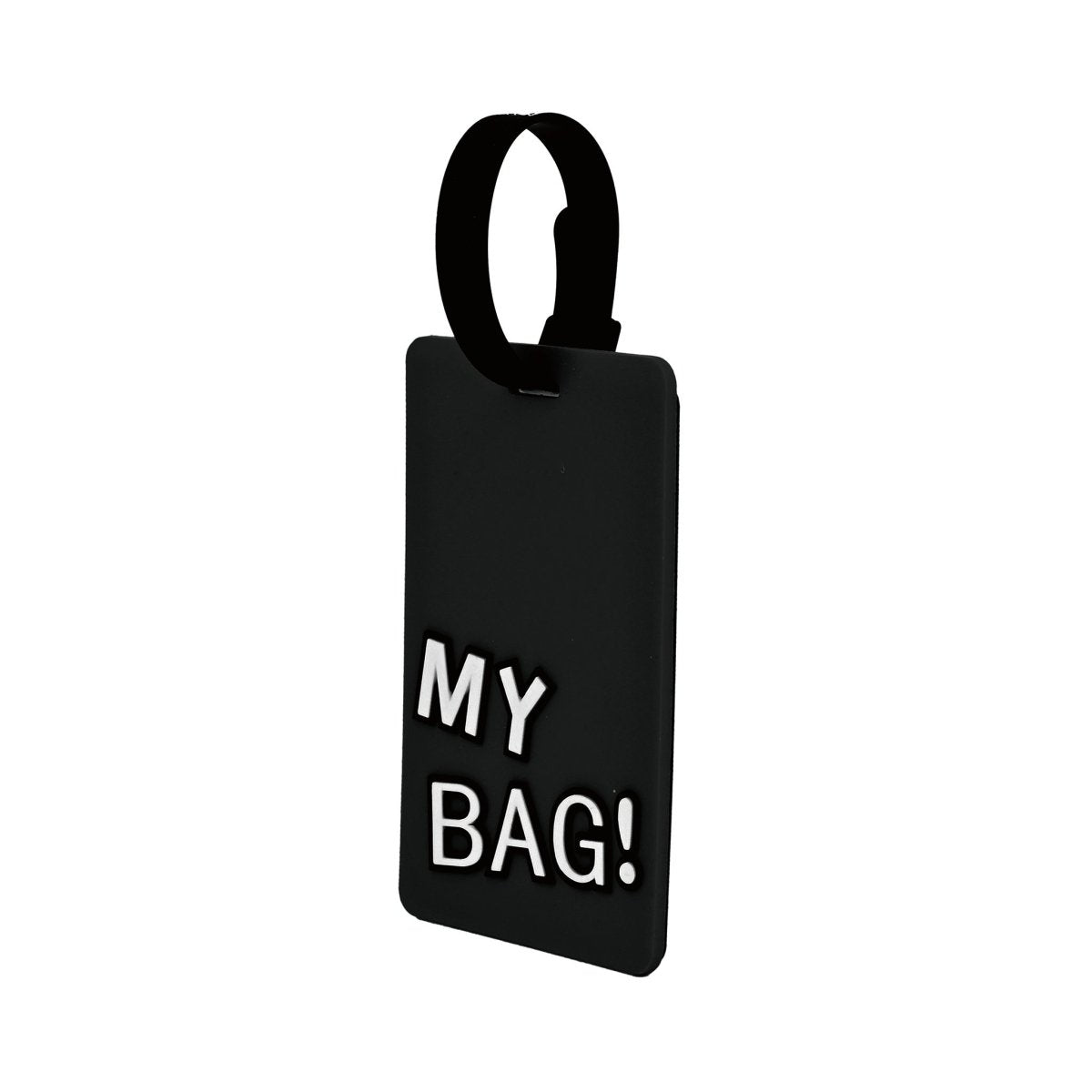 Luggage ID tag with black strap and dark front, “MY BAG!” text visible.
