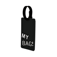 Luggage ID tag with black strap and dark front, “MY BAG!” text visible.