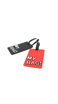 Two luggage ID tags with black and red fronts, both marked “MY BAG!”.