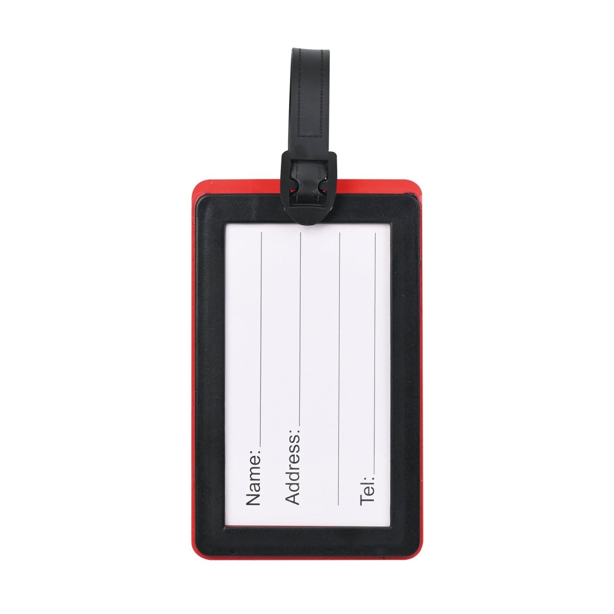 Luggage ID tag with black frame and strap, blank white info card with fields.