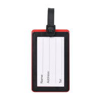 Luggage ID tag with black frame and strap, blank white info card with fields.