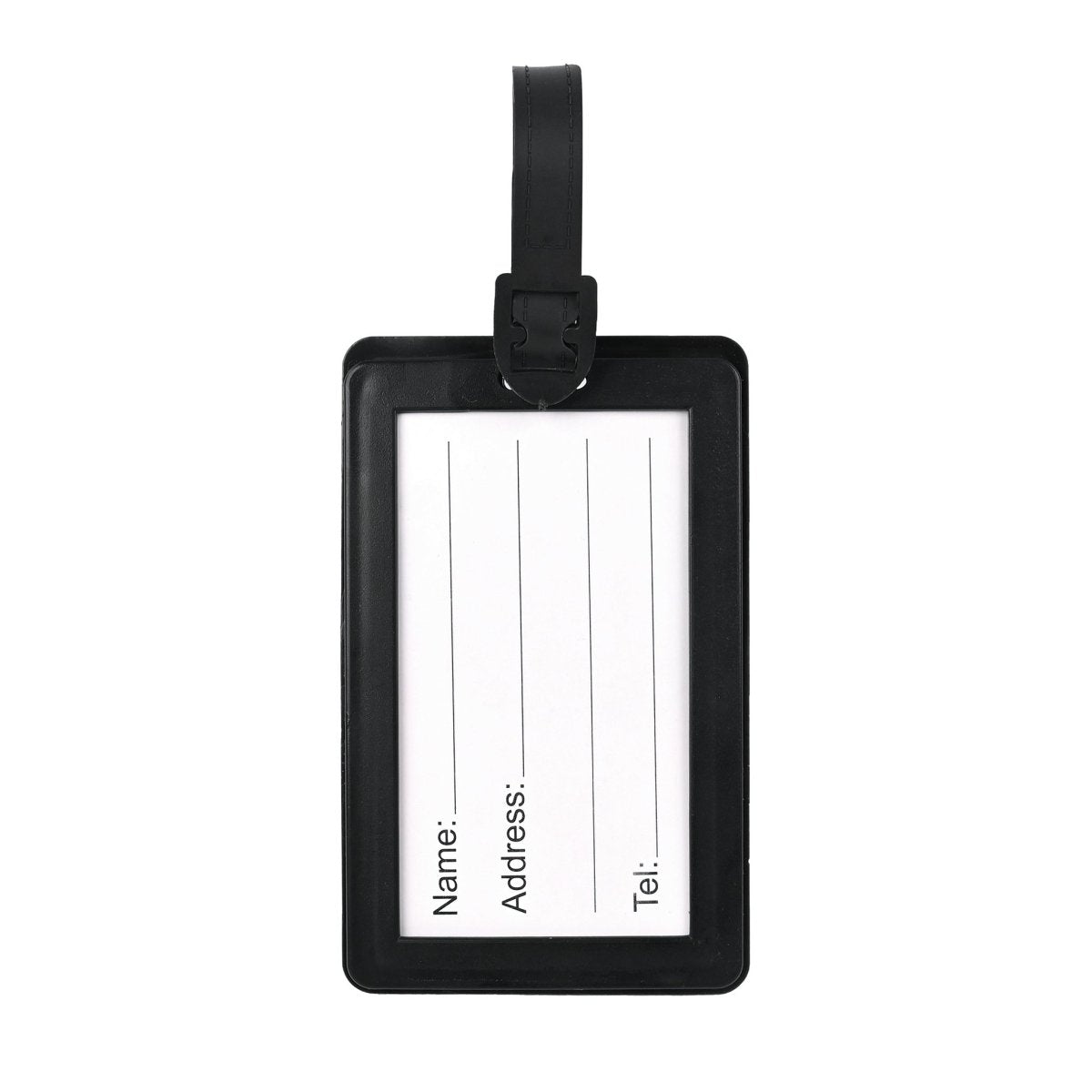 Luggage ID tag with black frame and strap, blank white insert card with fields.