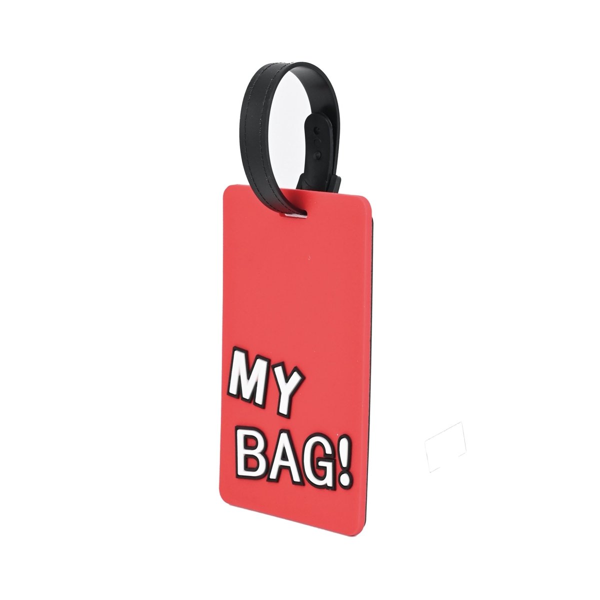 Luggage ID tag with black strap, red front, “MY BAG!” text on front.
