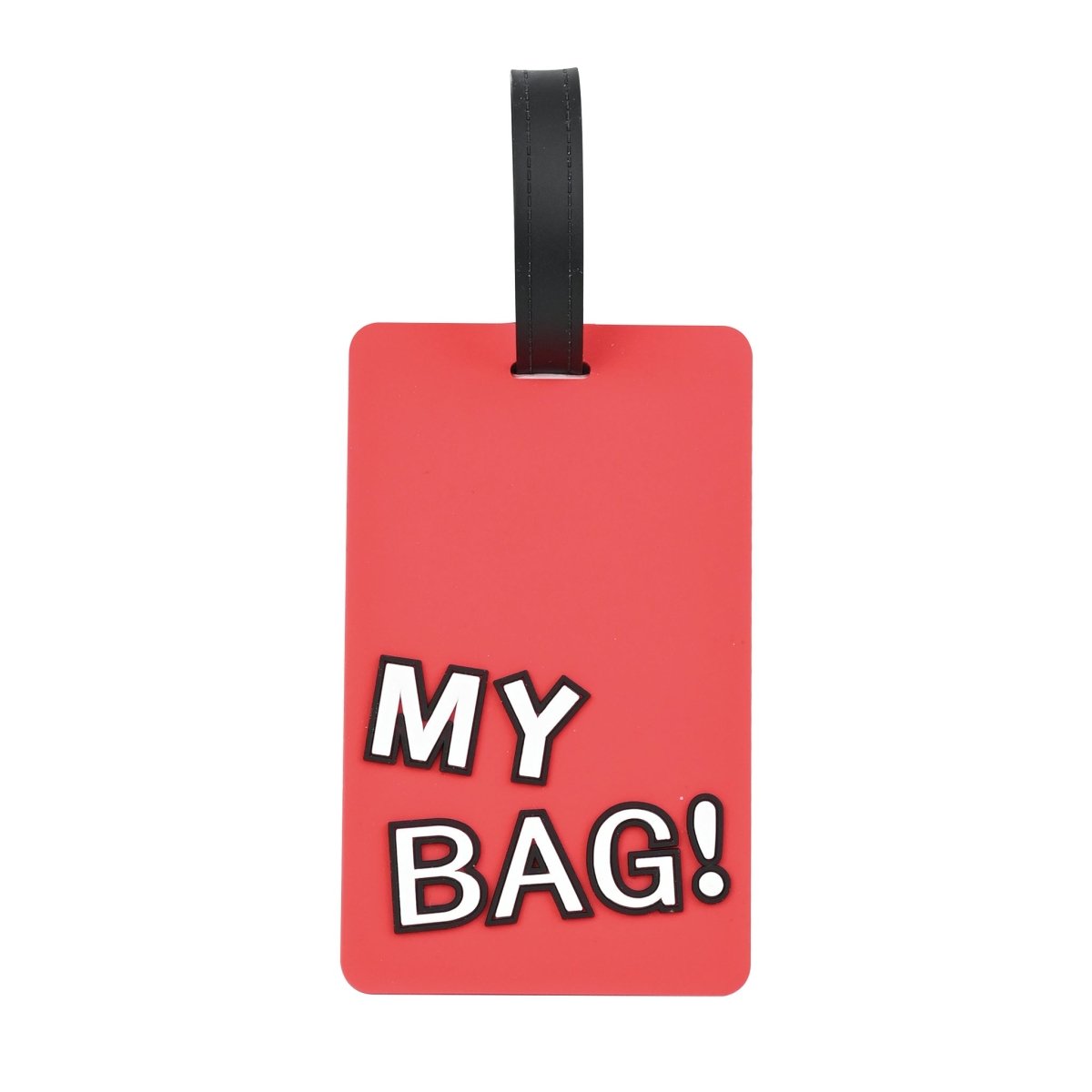 Luggage ID tag with black strap and red front, “MY BAG!” text visible.