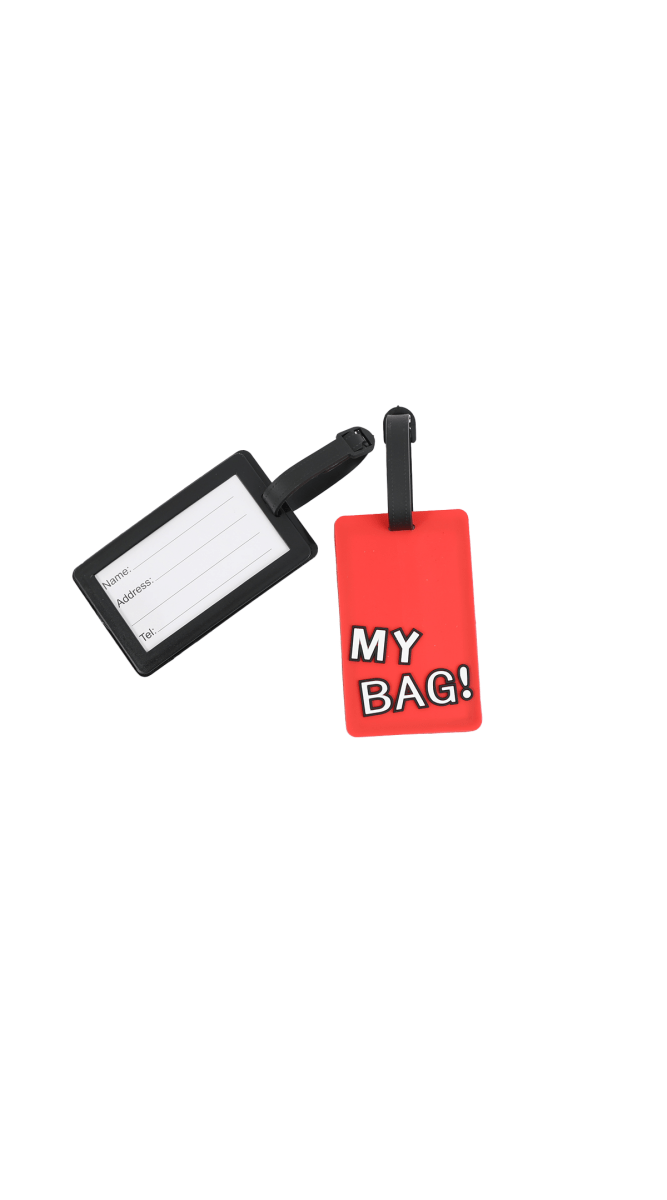 Luggage ID tags with black straps: red “MY BAG!” card and open black holder.