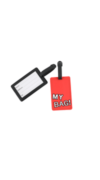 Luggage ID tags with black straps: red “MY BAG!” card and open black holder.