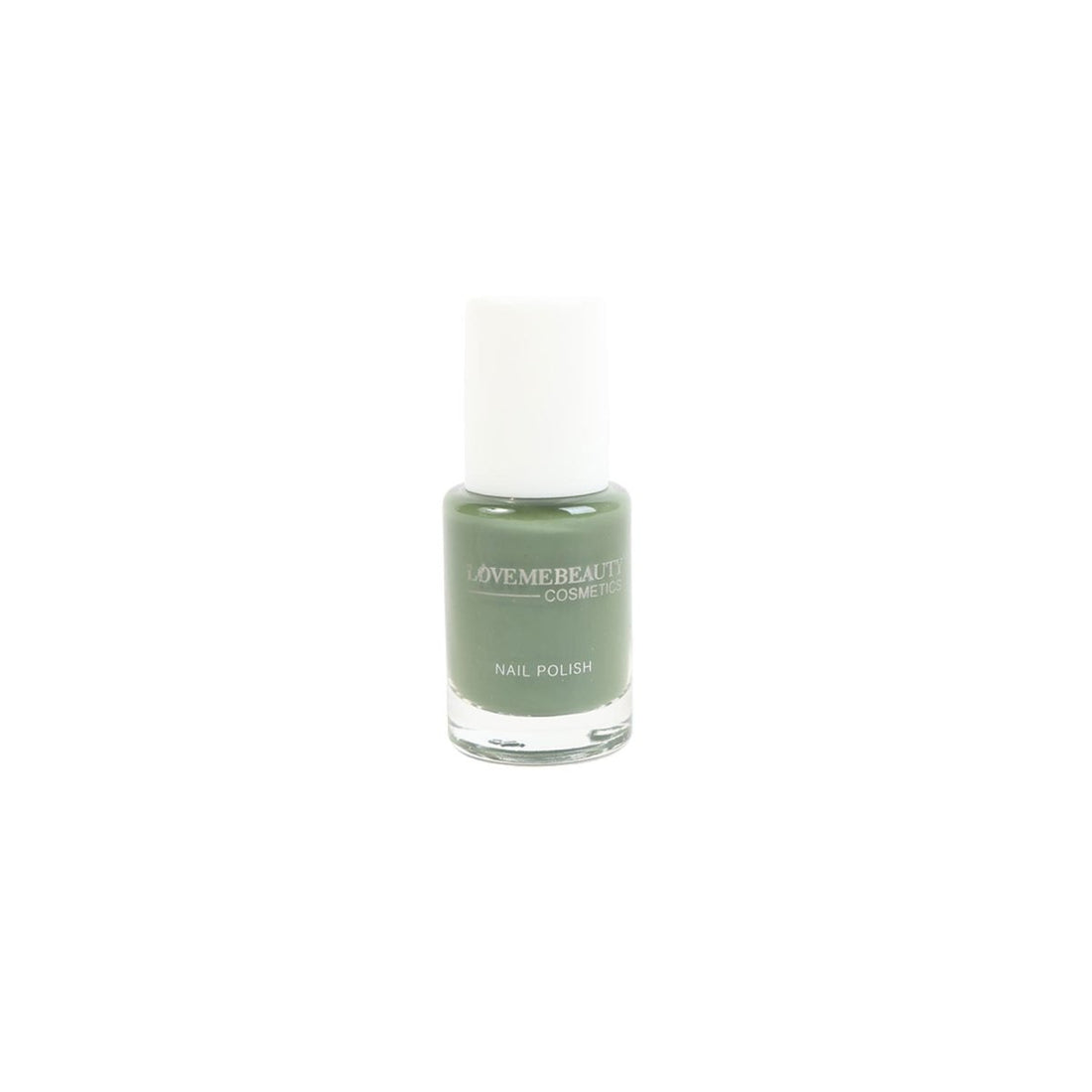Nail polish bottle with dark olive green color and white cap.