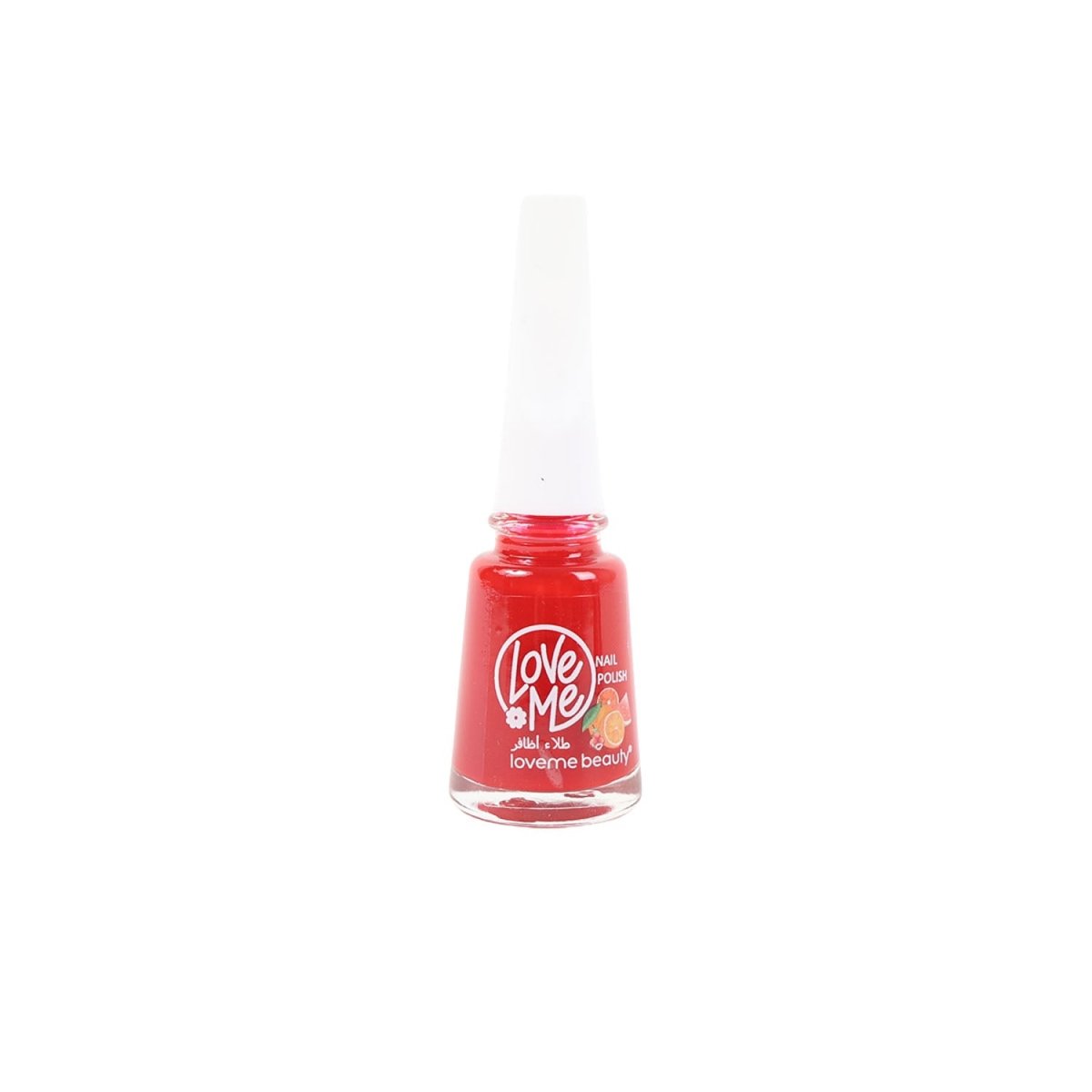 Vivid red nail polish bottle with Love Me logo and clear brush cap.