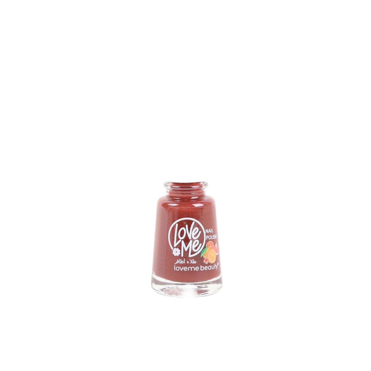 Red-brown nail polish bottle with Love Me label and clear cap