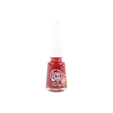 Red nail polish bottle with white Love Me logo and brush cap.