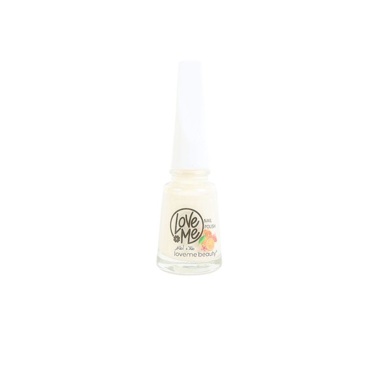 Cream nail polish bottle with Love Me label and clear cap