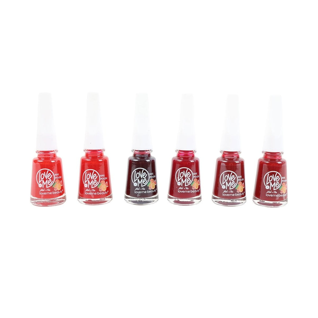 Set of Love Me nail polish bottles in red, dark red, and black shades.