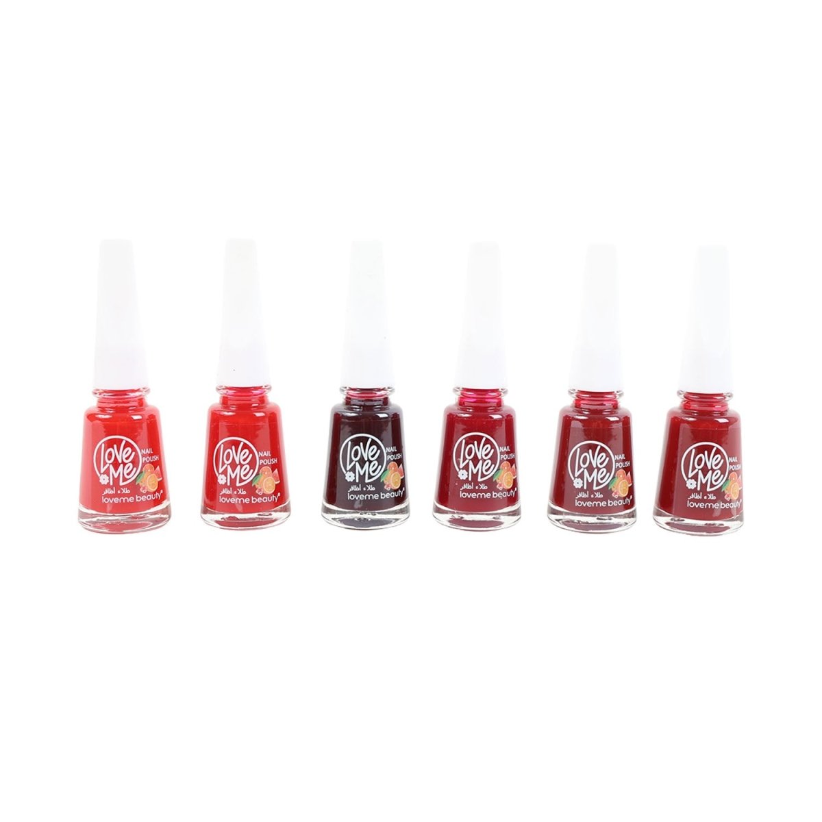 Set of Love Me nail polish bottles in red, dark red, and black shades.