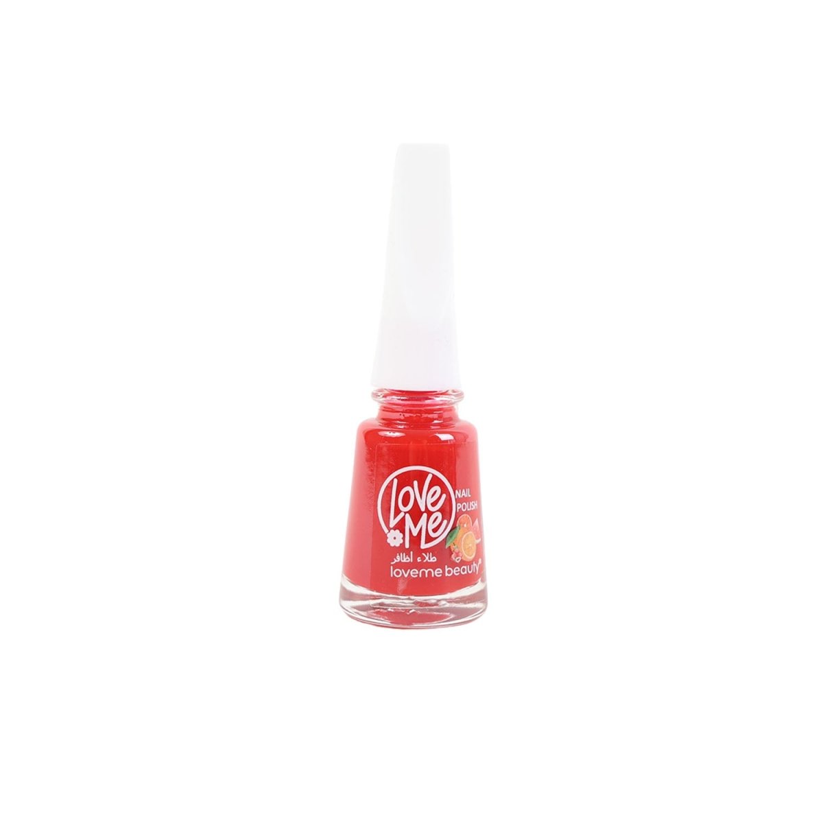 Coral red nail polish bottle with Love Me logo and clear brush cap.