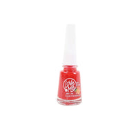 Coral red nail polish bottle with Love Me logo and clear brush cap.