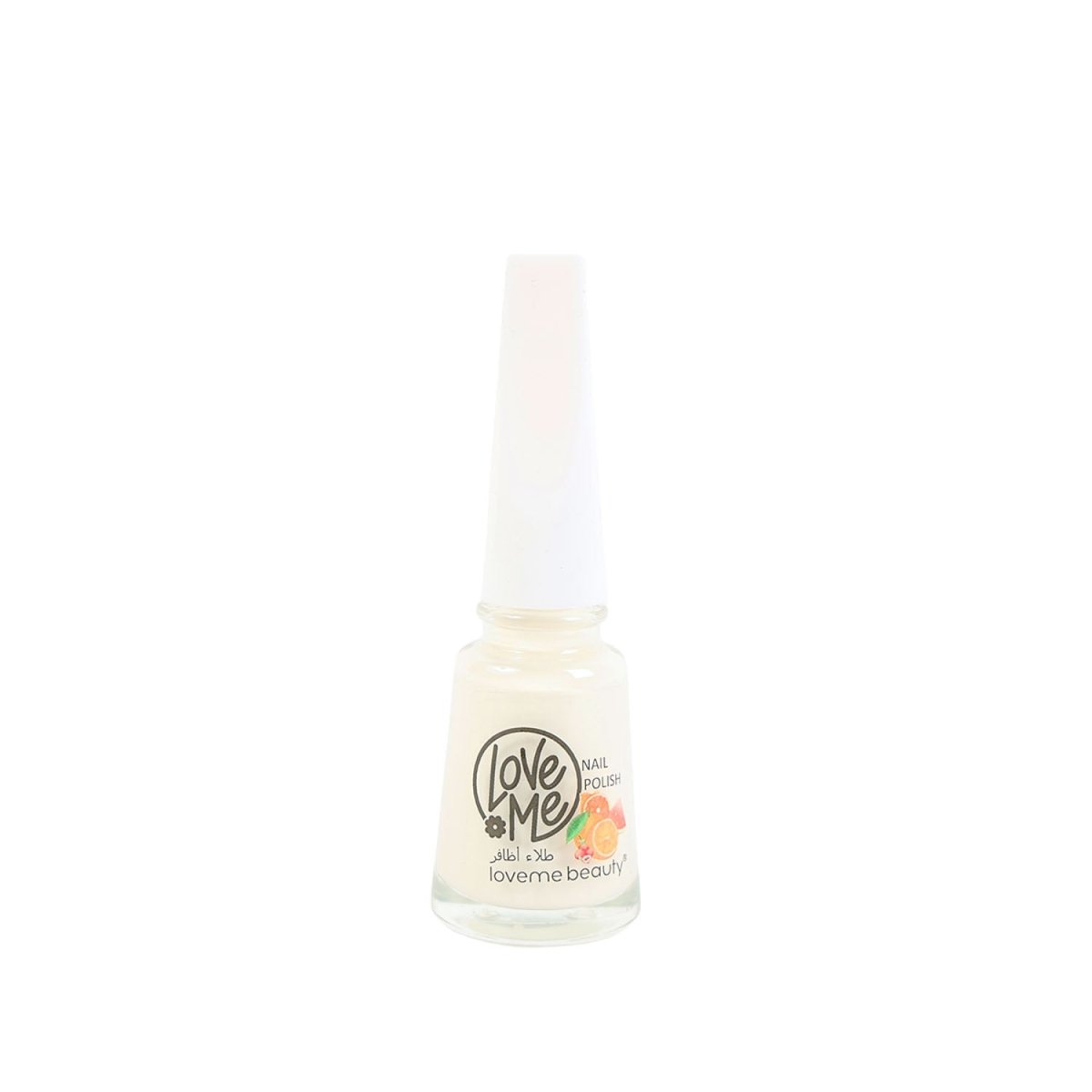 Nail polish bottle with pale cream shade, capped white, Love Me label