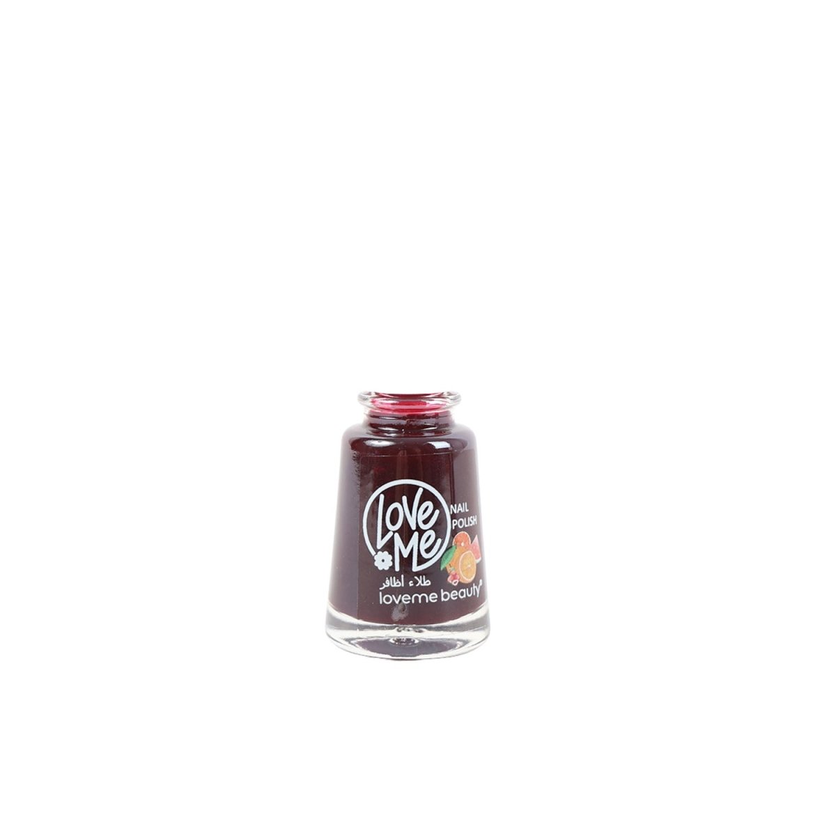 Dark brown nail polish bottle with Love Me logo and clear brush cap.