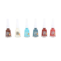 Nail polish set of six bottles in brown, cream, light blue, teal, and red shades