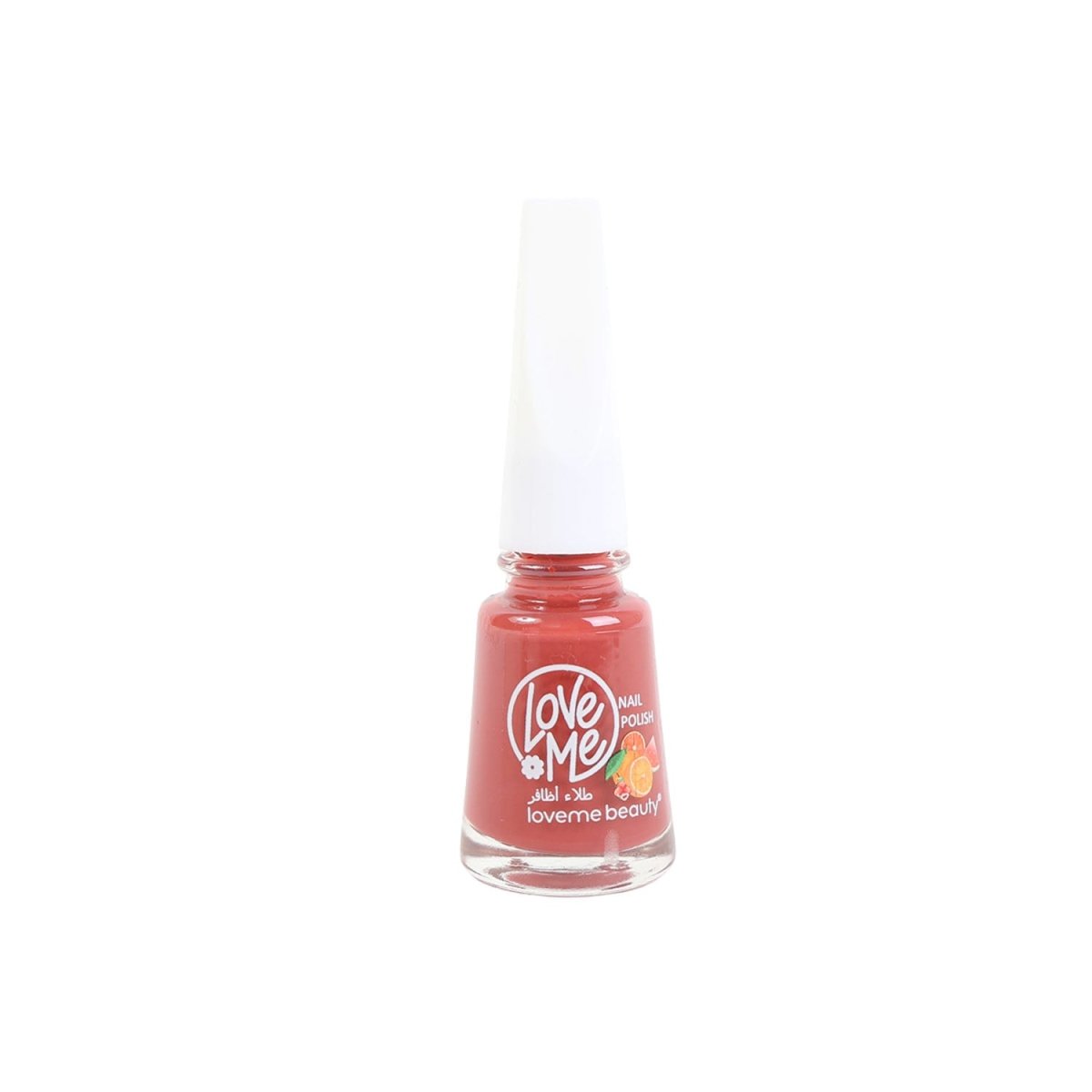 Coral red nail polish bottle with Love Me label and clear cap