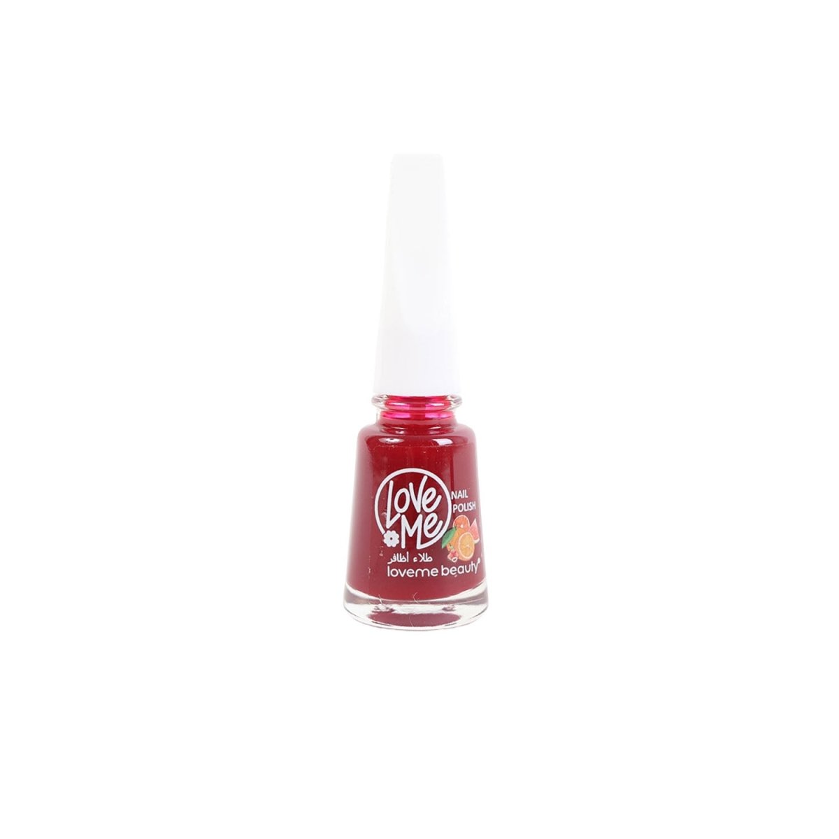 Burgundy red nail polish bottle with Love Me logo and clear brush cap.