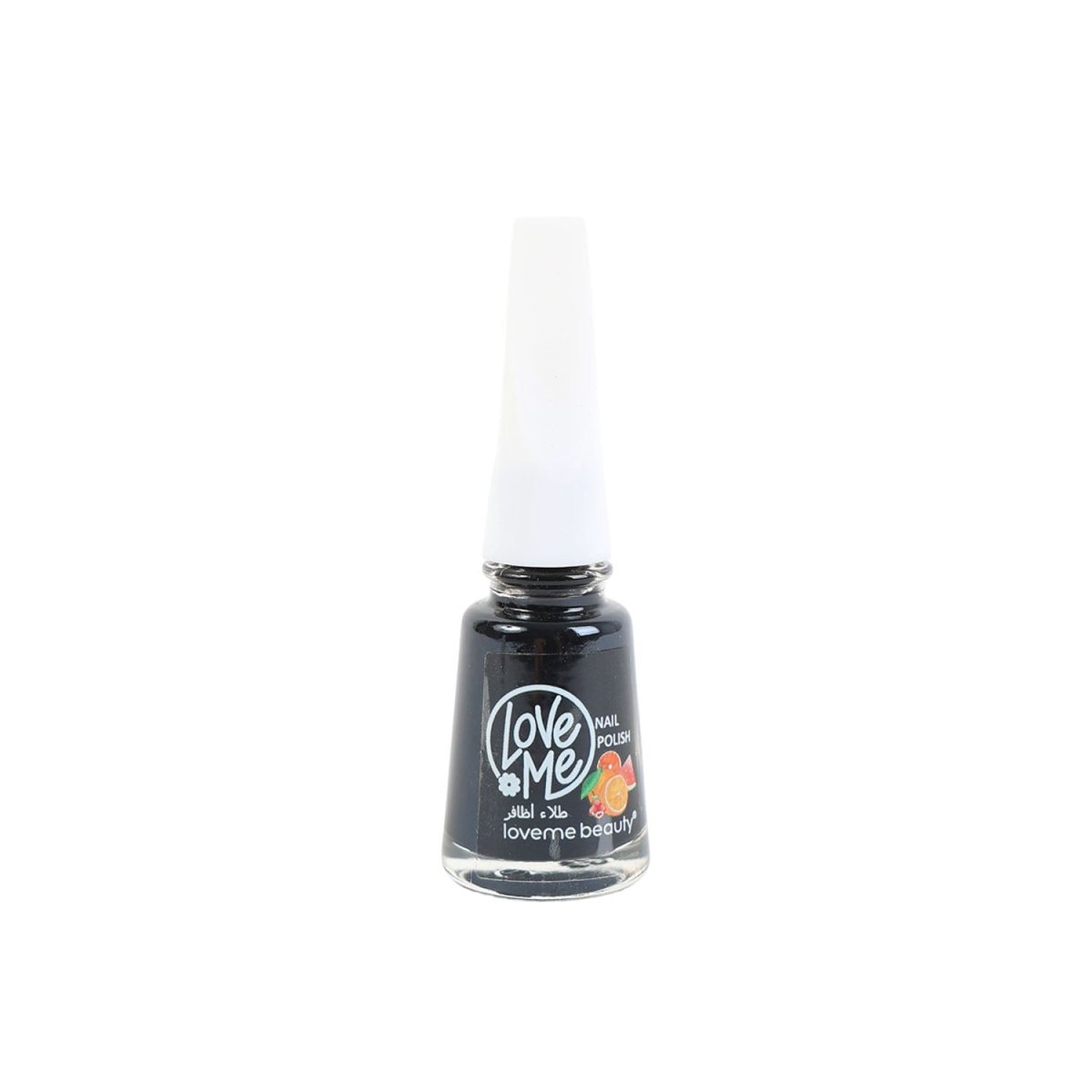 Nail polish bottle with dark black shade, capped white, Love Me label