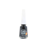 Nail polish bottle with dark black shade, capped white, Love Me label