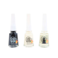 Three nail polish bottles: dark, pale cream, and light cream, Love Me label