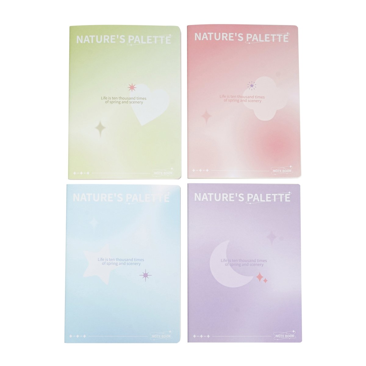 Four-piece B5 lined notebook set with Nature's Palette pastel covers: pink, purple, blue, green.