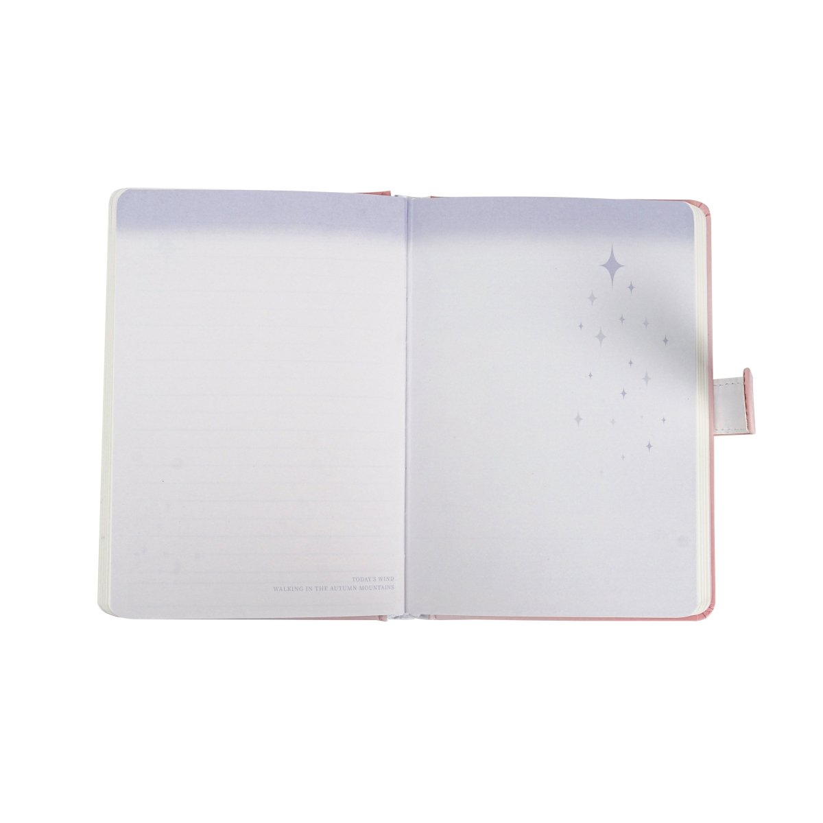 Open pastel notebook with blank pages and small star speckle design on right