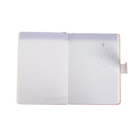 Open pastel notebook with blank pages and small star speckle design on right