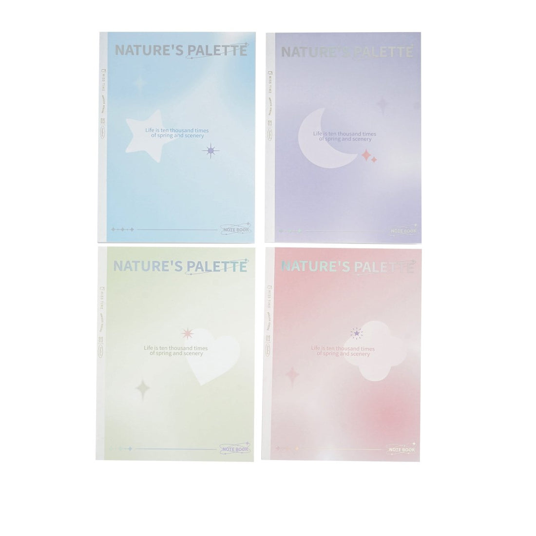 Set of four pastel B5 glue notebooks with “NATURE’S PALETTE” front covers in blue, violet, mint, pink