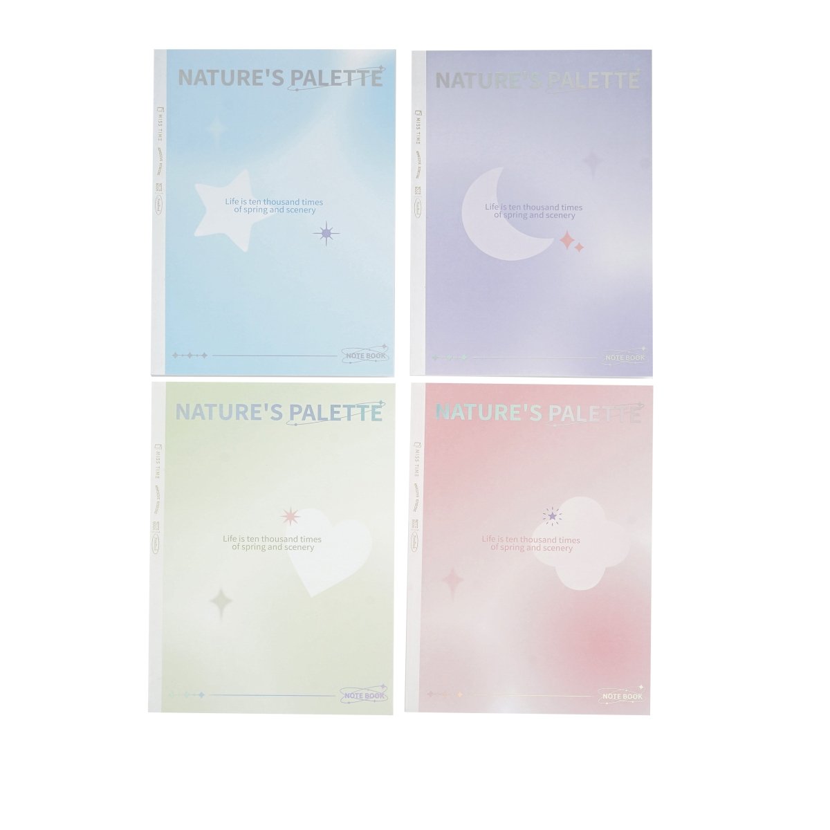 Set of four pastel B5 glue notebooks with “NATURE’S PALETTE” front covers in blue, violet, mint, pink