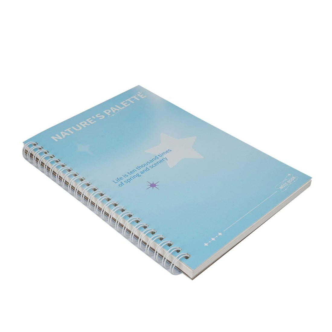 A5 pastel blue coil notebook with spiral binding and star cover design.