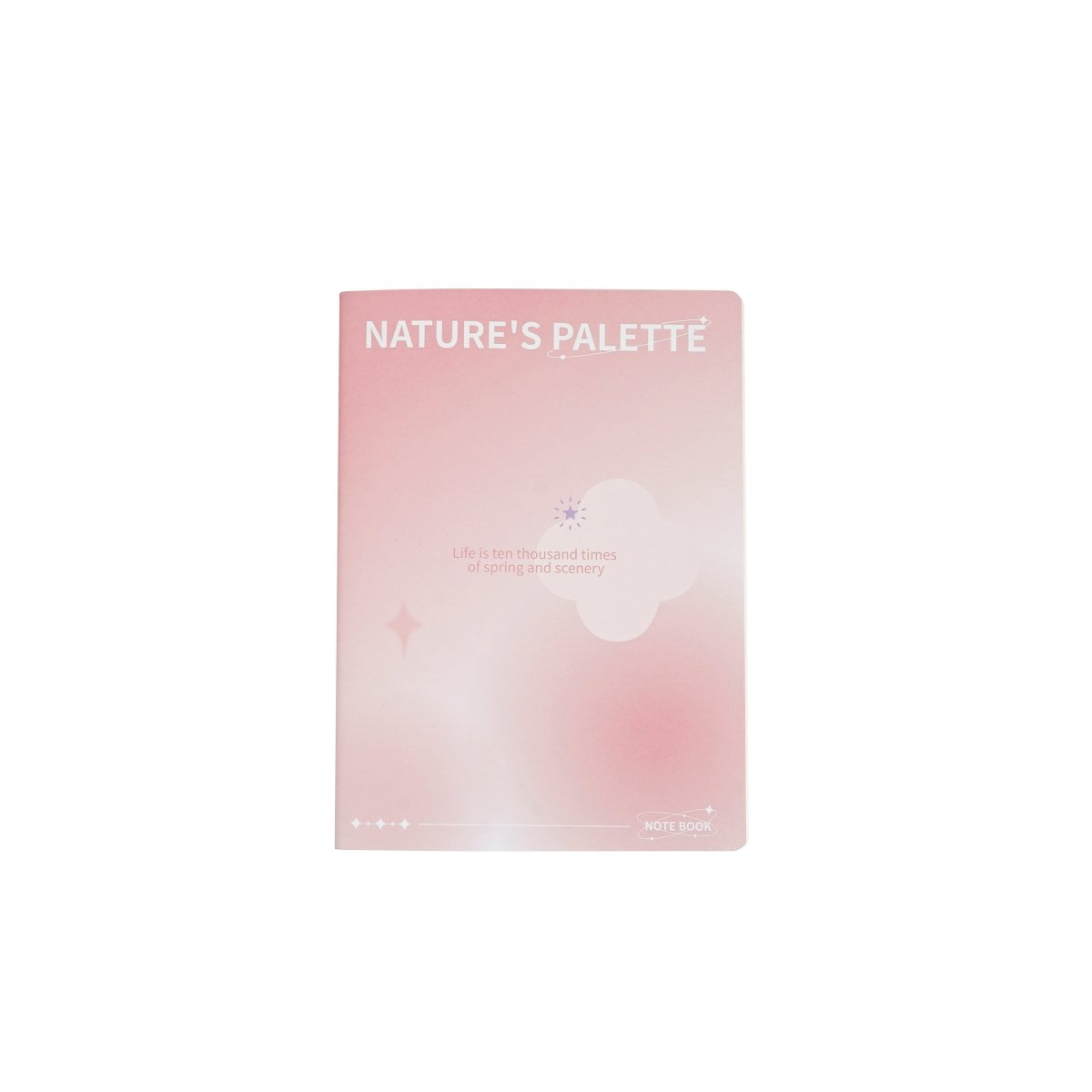 B5 lined notebook cover in pastel pink with Nature's Palette title and star-moon graphics.