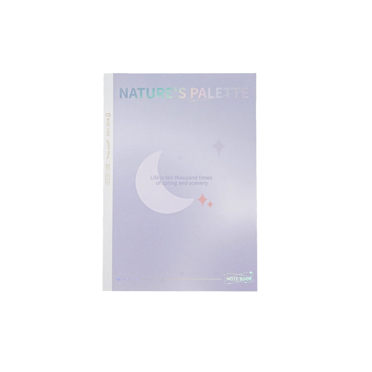 Lavender B5 glue notebook cover with “NATURE’S PALETTE” and moon-star design