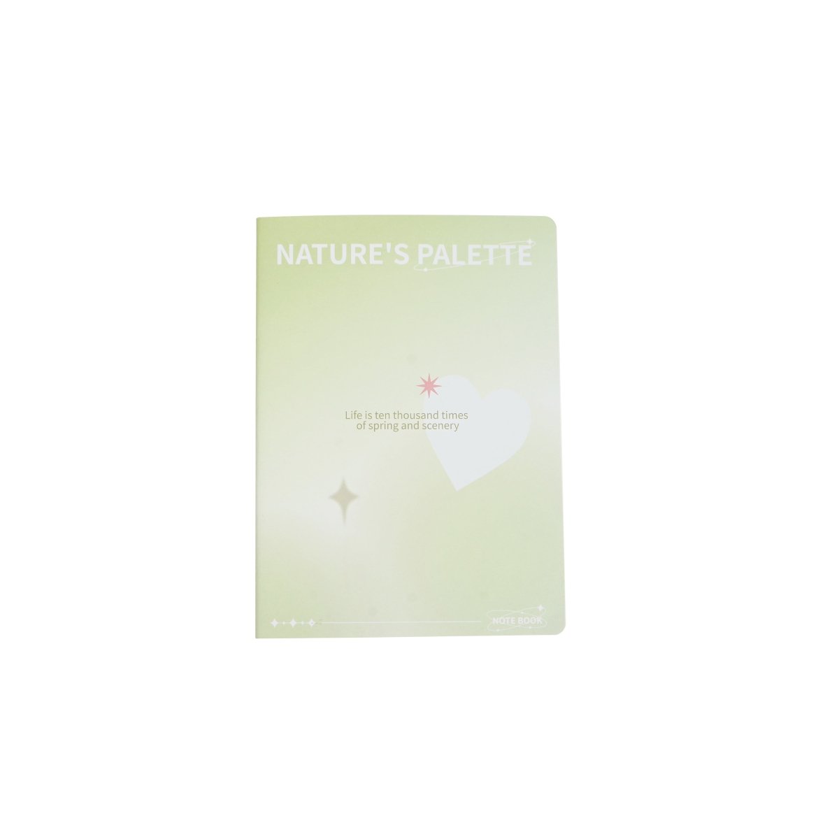 B5 lined notebook cover in pastel green with Nature's Palette title and star-moon graphics.