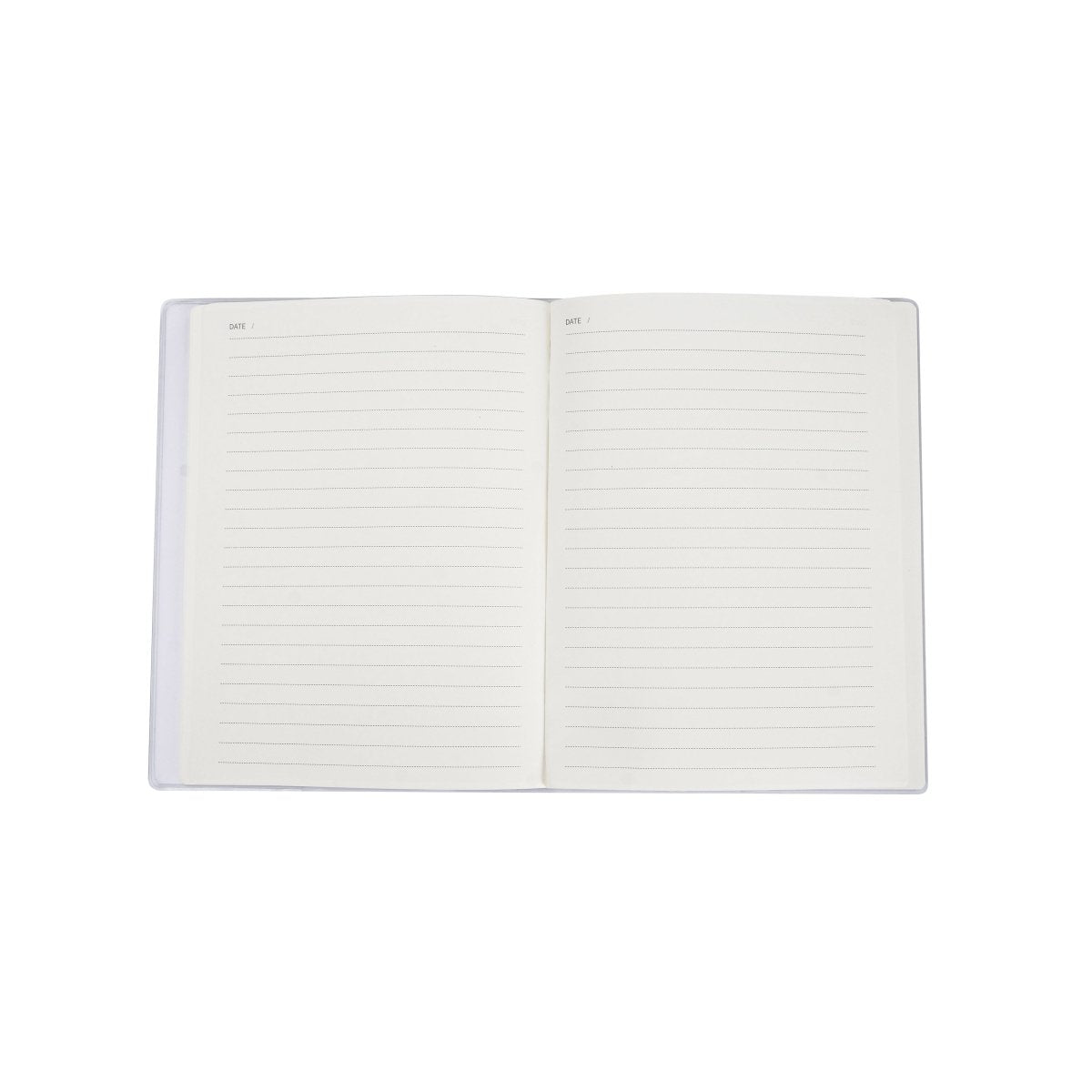 Open A5 notebook with lined pages and white interior