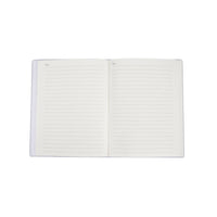 Open A5 notebook with lined pages and white interior