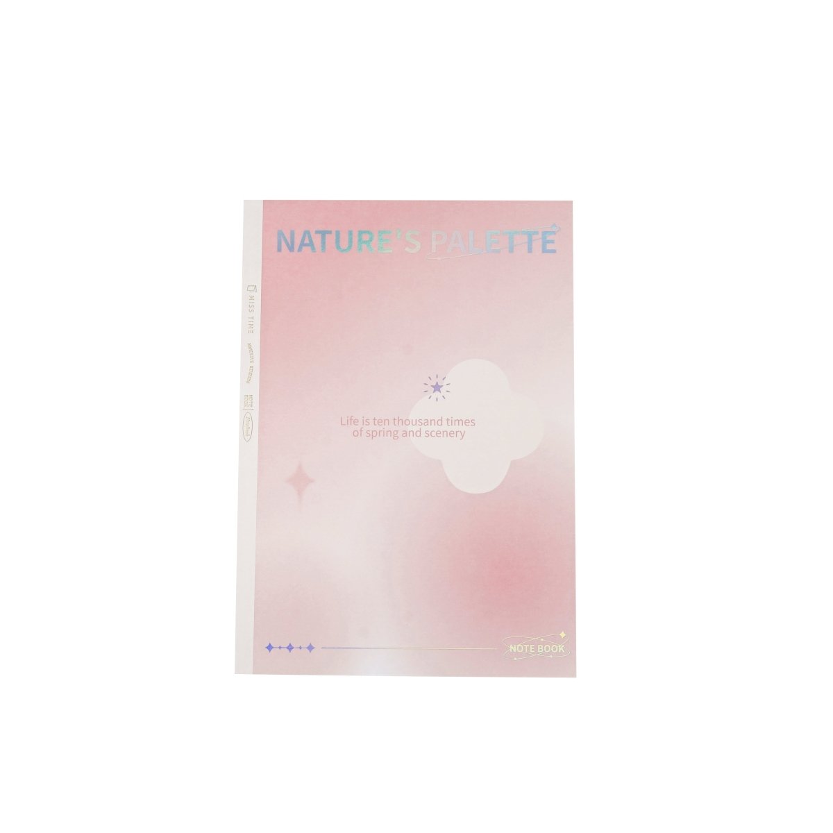 Soft pink B5 glue notebook cover with “NATURE’S PALETTE” and moon-star icons