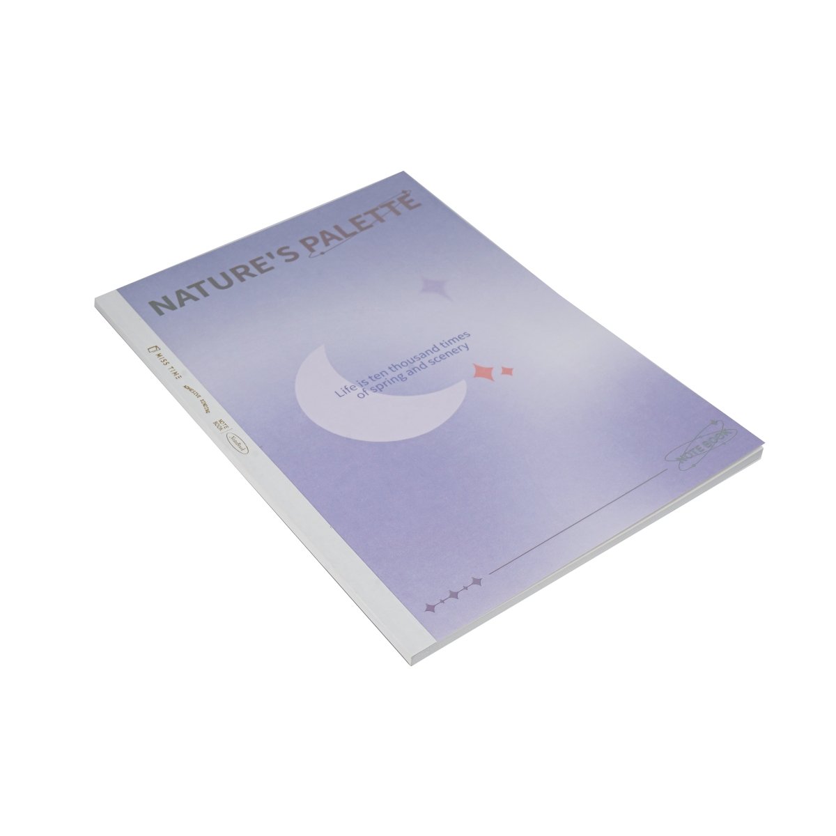Purple B5 glue notebook cover with “NATURE’S PALETTE” title, moon and stars graphic