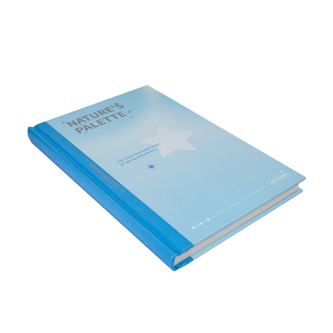 Hardcover A5 lined notebook in light blue with Nature's Palette cover design.
