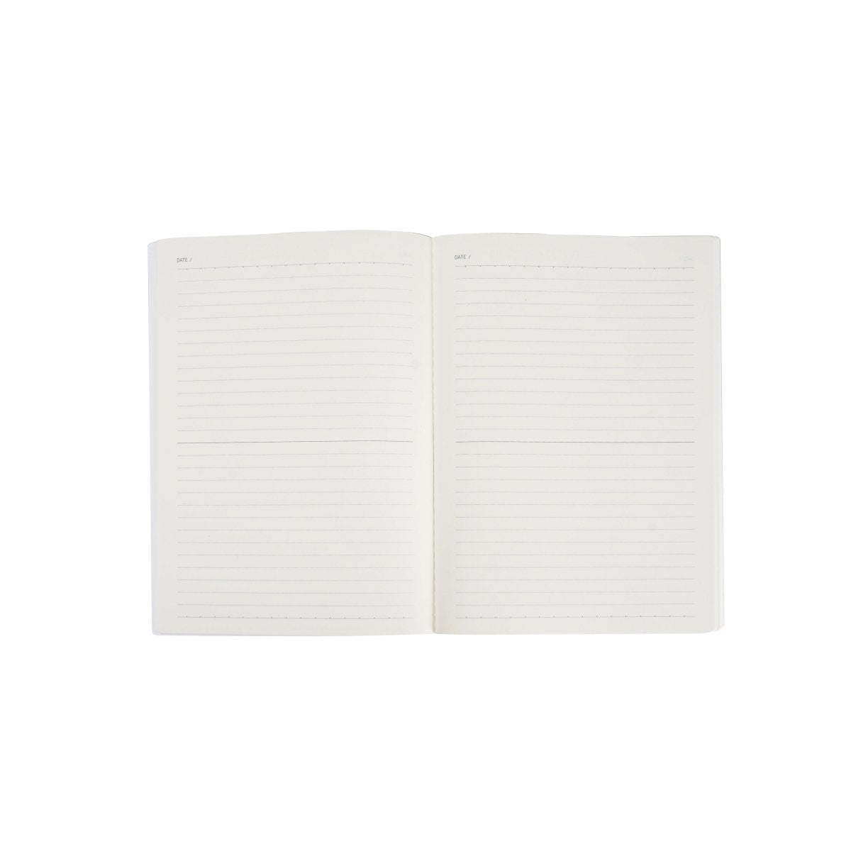 Open B5 lined notebook showing ruled pages with clean, stitch-like binding.