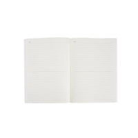 Open B5 lined notebook showing ruled pages with clean, stitch-like binding.