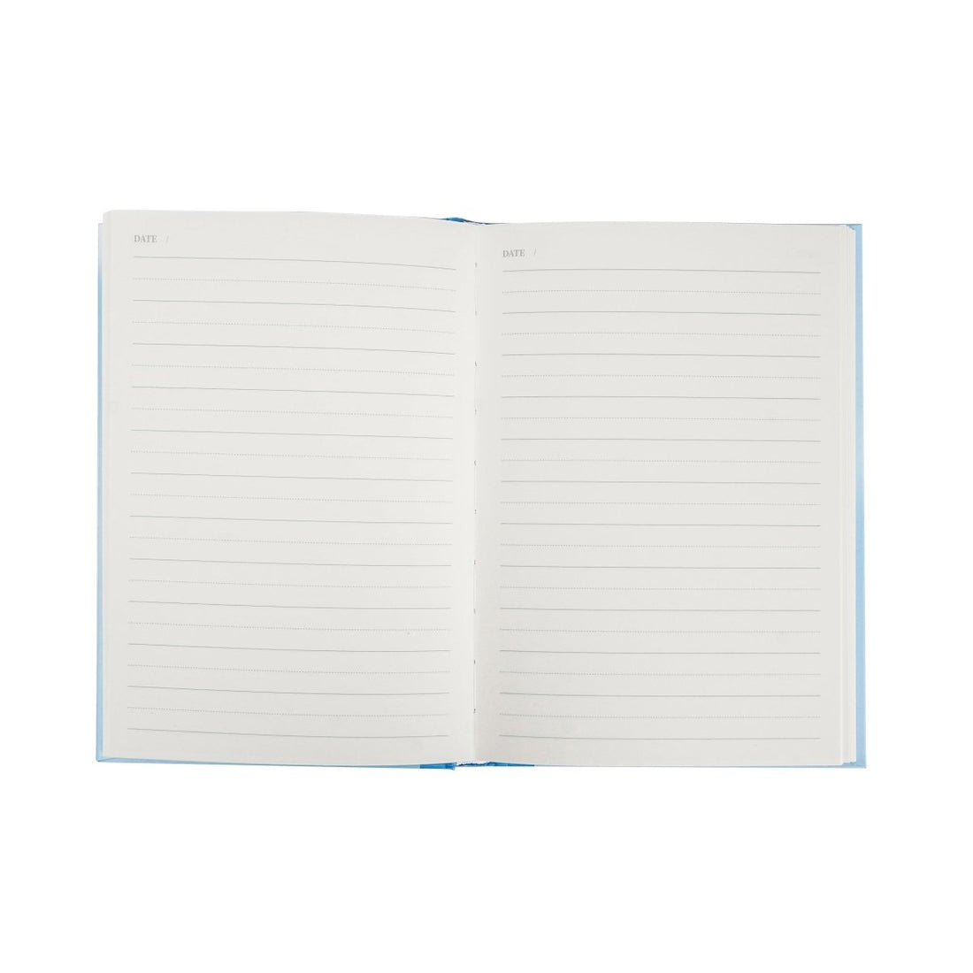 Hardcover A5 lined notebook opened flat, showing ruled pages and blue edges.