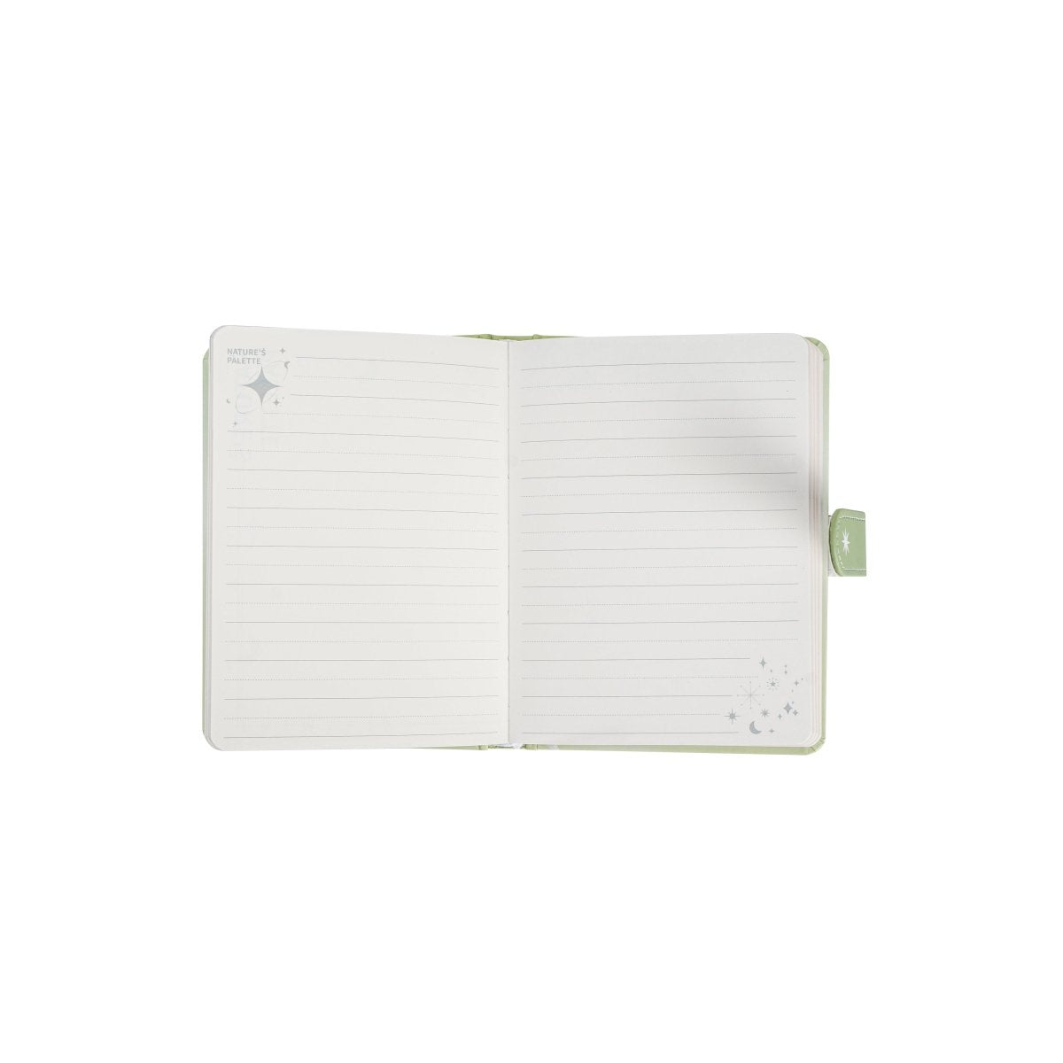 Pastel magnetic buckle notebook open, lined pages with green side clasp tab
