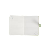 Pastel magnetic buckle notebook open, lined pages with green side clasp tab