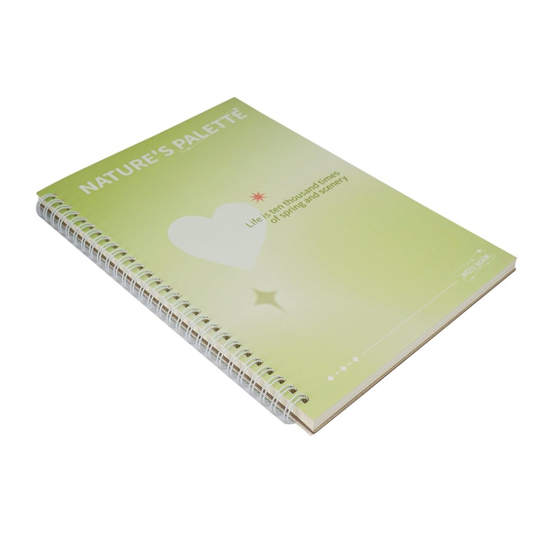 B5 coil notebook, pastel green cover with heart and star design